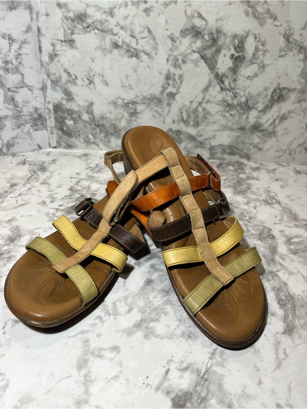 Born Multi-Color Leather Strappy Sandals - Brown, Yellow, Olive, Orange Sz7